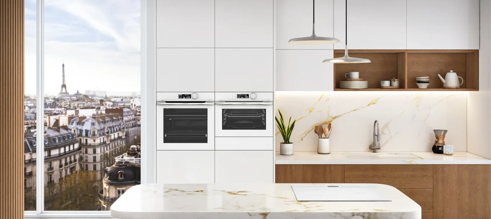 Stimmungsbild der Farbe Eternal White, das eine Küche mit Elektrogeräten von De Dietrich zeigt.