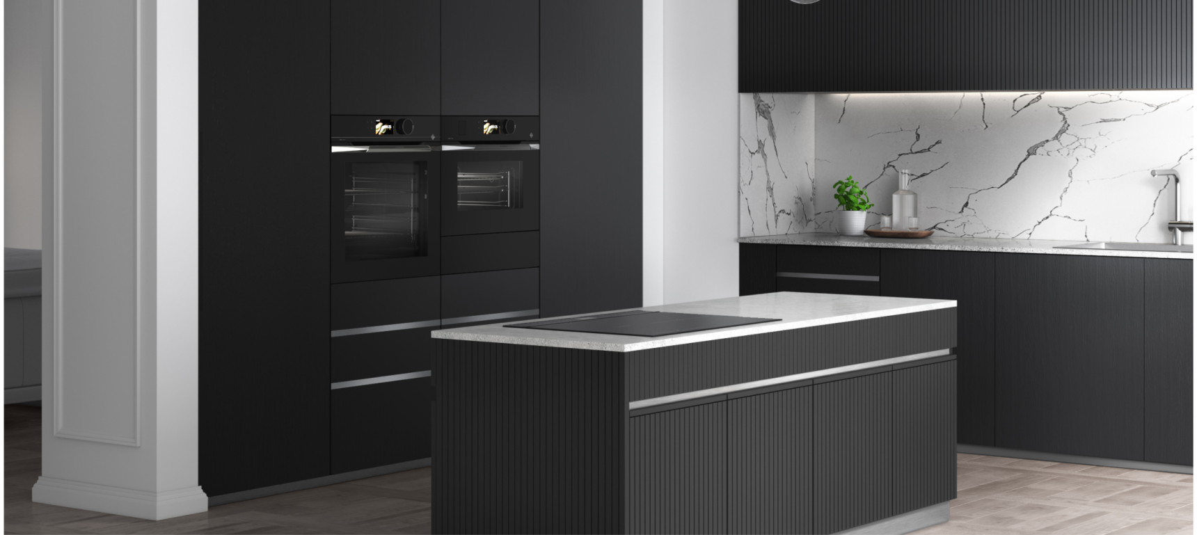 Stimmungsbild der Farbe Stellar Steel, das eine Küche mit Elektrogeräten von De Dietrich zeigt.